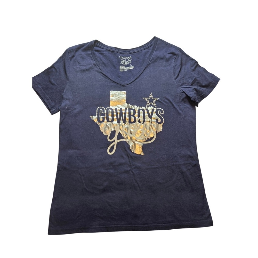 Dallas Cowboys Her Style Womens Navy Blue Texas Graphic V-Neck T-Shirt Large